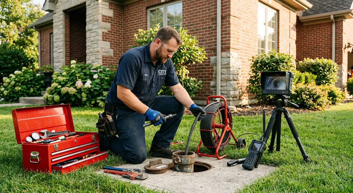 Sewer specialist with camera equipment servicing a cleanout in Franklin